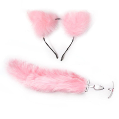 Розовый игровой набор: ободок с ушками и анальная пробка с хвостиком, фото 