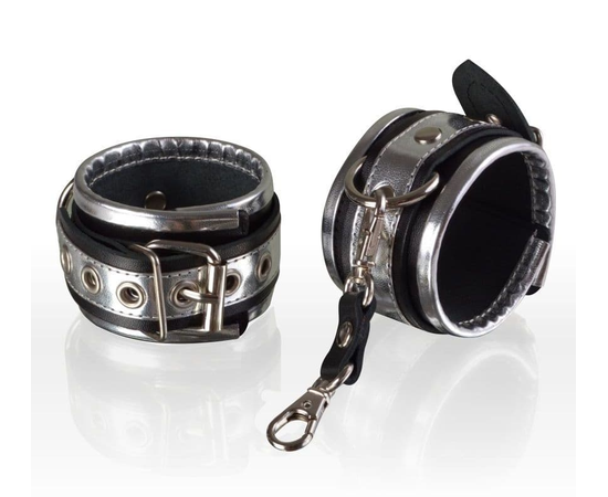 Серебристо-чёрные кожаные наручники, фото 