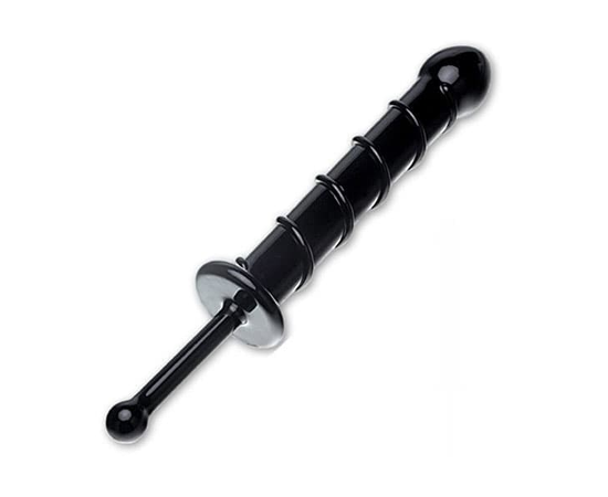 Черный стеклянный фаллос с тонкой ручкой и выпуклой спиралью - 18,5 см., фото 