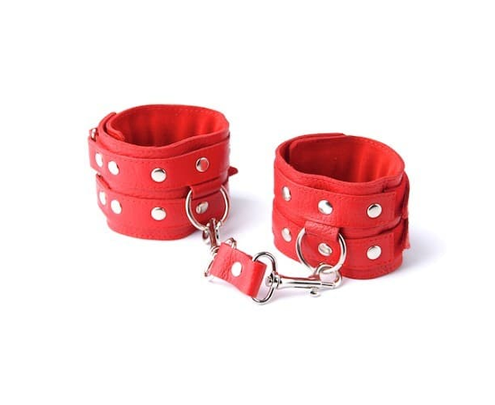 Красные кожаные наручники с велюровой подкладкой, фото 