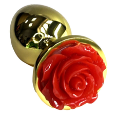Золотистая анальная пробка с ограничителем в форме красной розы - 8 см., фото 