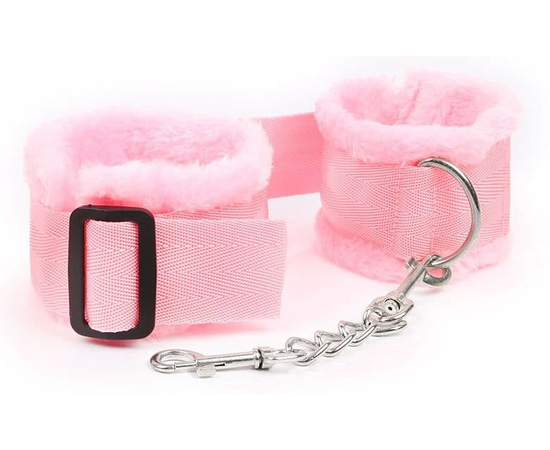 Розовые меховые наручники на регулируемых черных пряжках, фото 