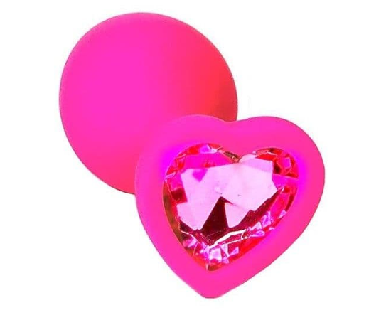 Розовая анальная пробка из силикона с розовым кристаллом в форме сердца - 8,8 см., фото 