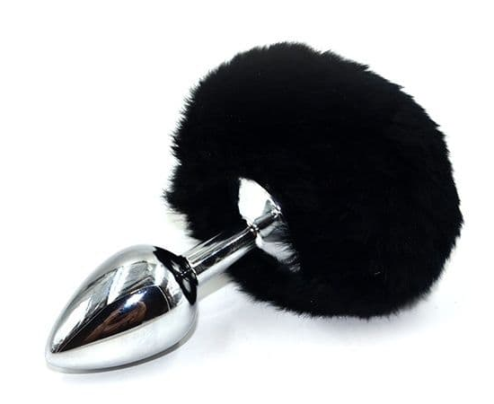 Серебристая округлая анальная пробка с заячьим хвостиком черного цвета - 11,5 см., фото 