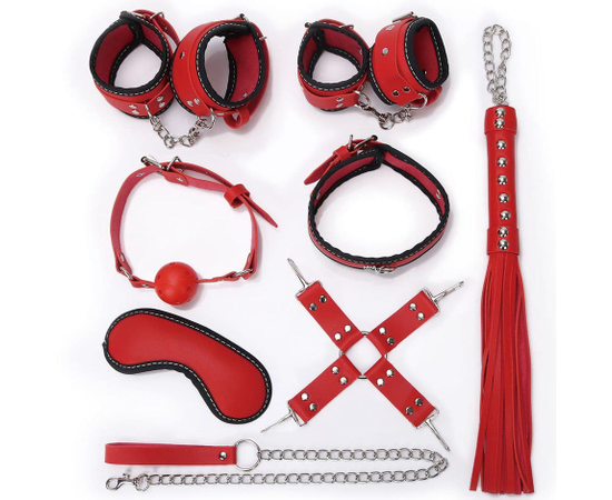 Пикантный набор БДСМ: маска, ошейник, кляп, фиксатор, наручники, оковы, плеть, Цвет: красный с черным, фото 