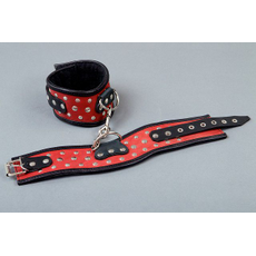 Фигурные красно-чёрные наручники с клёпками, фото 