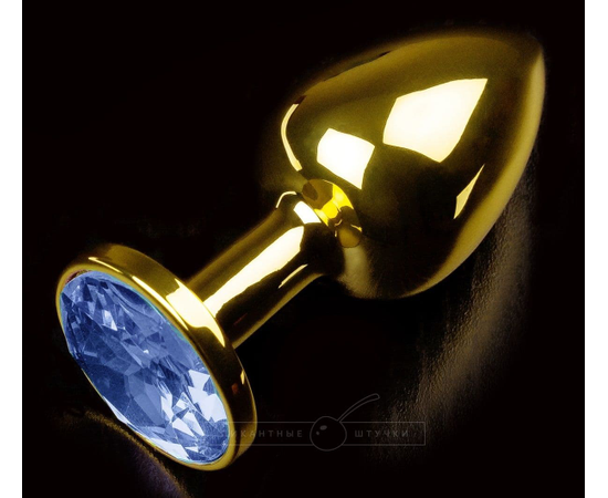 Золотистая анальная втулка с синим стразом - 7 см., фото 