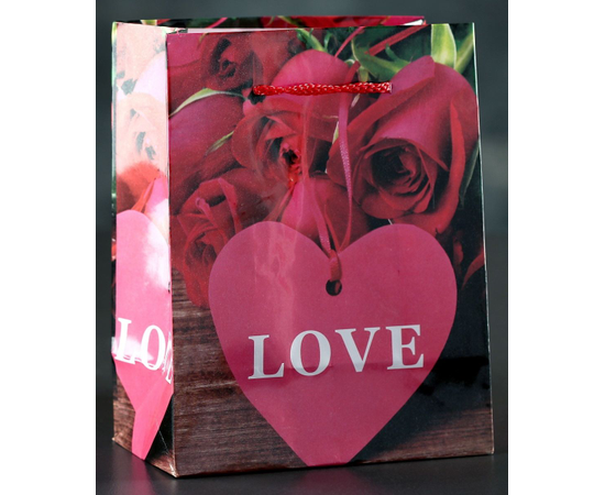 Подарочный пакет Love с розочками и сердечками - 15 х 12 см., фото 