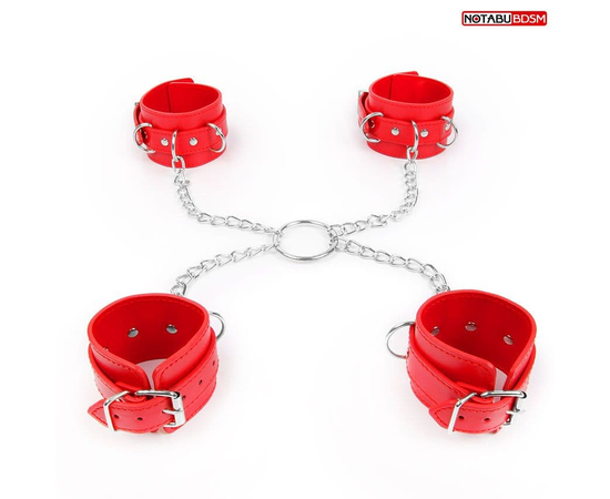 Комплект красных наручников и оков на металлических креплениях с кольцом, фото 