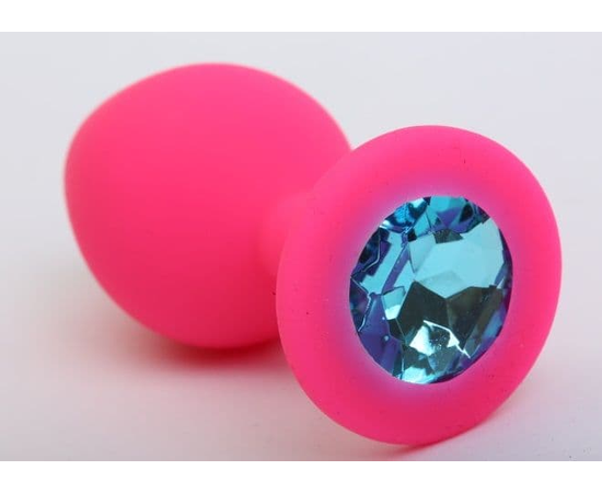 Розовая силиконовая анальная пробка с голубым стразом - 9,5 см., фото 