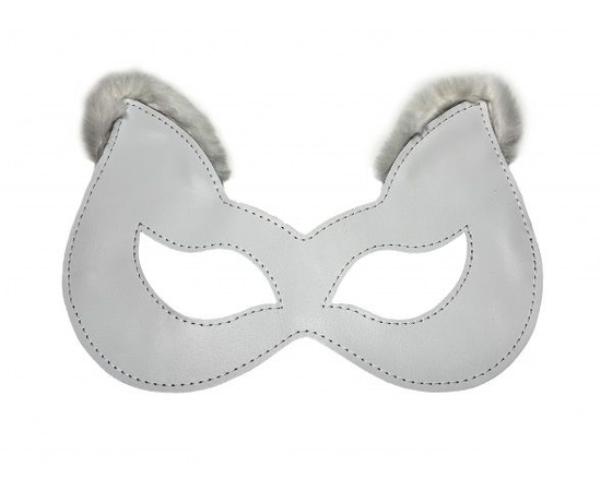 Белая маска из натуральной кожи с мехом на ушках, Цвет: белый, фото 