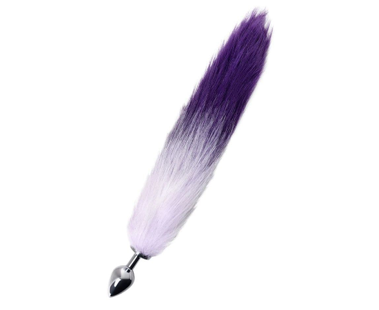Серебристая металлическая анальная втулка с фиолетово-белым хвостом - размер S, фото 