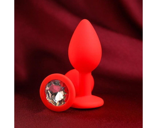 Красная анальная пробка с прозрачным кристаллом - 7,2 см., фото 