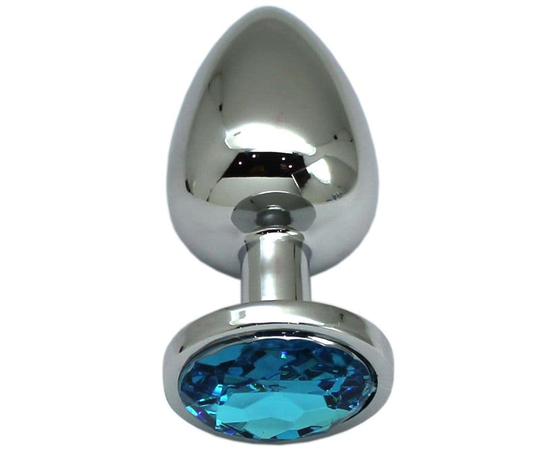 Серебристая анальная пробка с голубым кристаллом - 9 см., фото 
