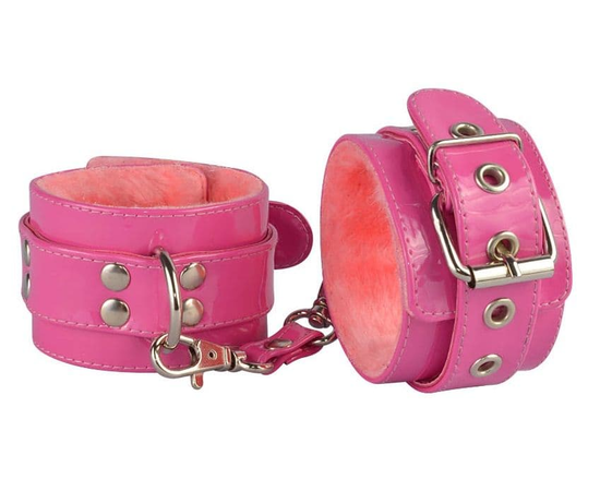 Яркие наручники из искусственной лаковой кожи розового цвета, фото 
