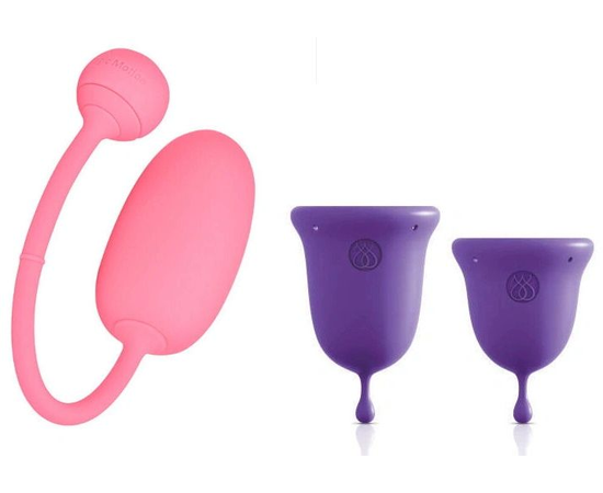 Подарочный набор: розовый тренажер Кегеля Magic Kegel Coach и фиолетовые менструальные чаши, фото 