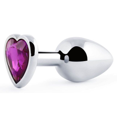 Серебристая анальная пробка с фиолетовым кристаллом-сердечком - 8 см., фото 