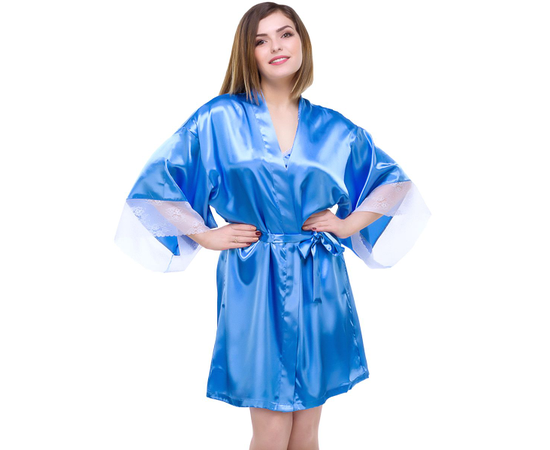 Короткий халатик-кимоно с кружевным сердечком на спинке, Цвет: голубой, Размер: F, фото 
