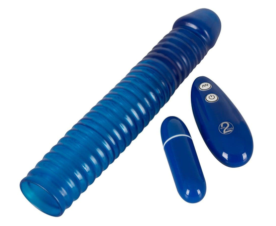 Синяя вибронасадка на пенис Vibrating Sleeve с пультом управления - 22,5 см., фото 
