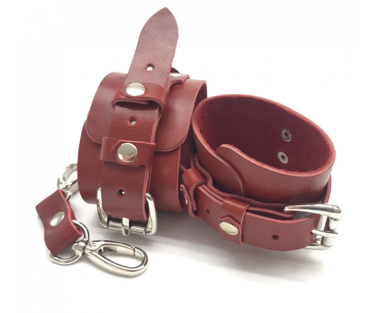 Красные кожаные наручники с соединительным ремешком, фото 