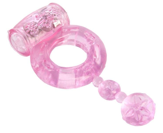 Розовое эрекционное кольцо с вибратором и хвостом, фото 
