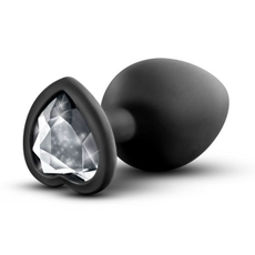 Черная анальная втулка с прозрачным кристаллом в виде сердечка Bling Plug Small - 7,6 см., фото 