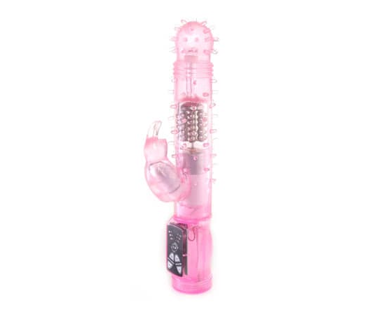 Розовый вибратор с ротацией и шипиками - 22,5 см., фото 