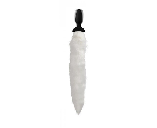 Черная анальная вибропробка с белым лисьим хвостом White Fox Tail Vibrating Anal Plug, фото 