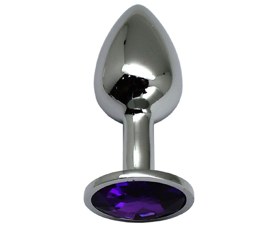 Серебристая анальная втулка с фиолетовым стразом - 7 см., фото 