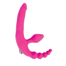 Розовый безремневой страпон с анальным отростком и вибрацией - 15 см., Цвет: розовый, фото 