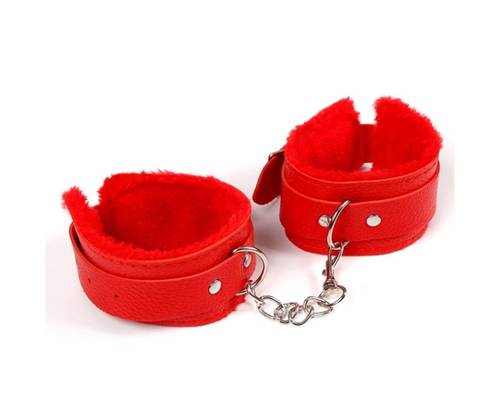 Красные наручники с меховой подкладкой и ремешками, фото 