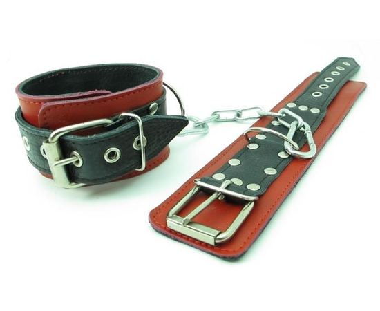 Красно-чёрные наручники из натуральной кожи, фото 