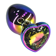 Анальная пробка цвета неохром с радужным кристаллом в форме сердца - 10 см., фото 