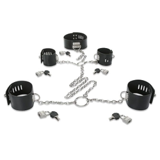 Набор для фиксации: наручники, оковы и ошейник, соединённые цепями и кольцами, фото 
