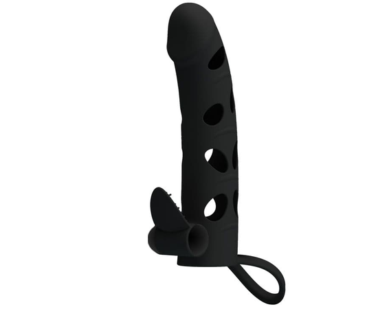Чёрная закрытая насадка на пенис с вибрацией - 15,2 см., фото 