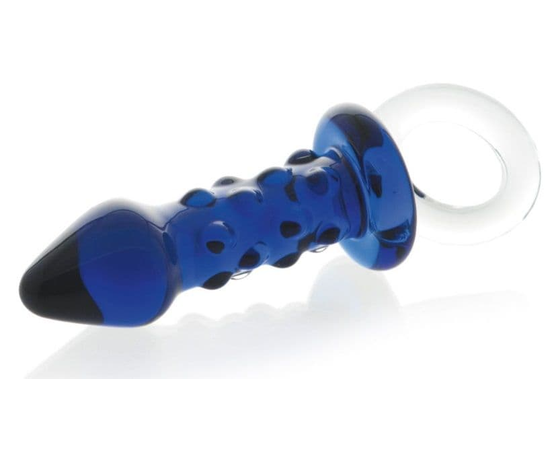 Синяя стеклянная анальная втулка с ручкой-кольцом - 10,5 см., фото 
