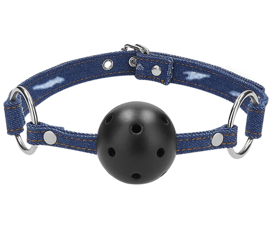 Кляп-шарик With Roughend Denim Straps с синими джинсовыми ремешками, фото 