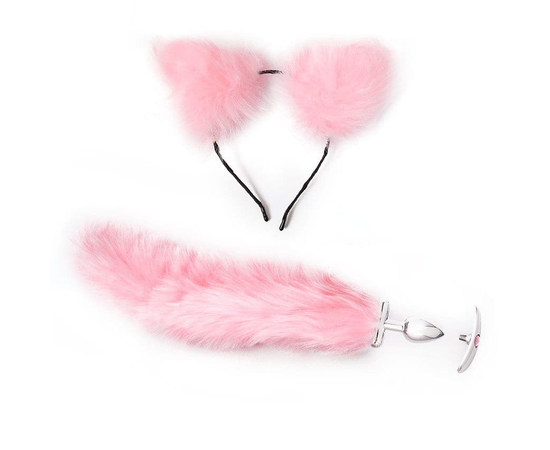 Розовый игровой набор: ободок с ушками и анальная пробка с хвостиком, фото 