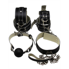 БДСМ-набор в черном цвете: наручники, поножи, ошейник с поводком, кляп, фото 
