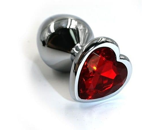Серебристая алюминиевая анальная пробка с красным кристаллом-сердцем - 6 см., фото 