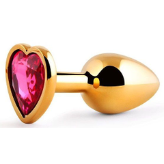 Анальная пробка с малиновым кристаллом-сердечком - 7 см., Цвет: золотистый, фото 
