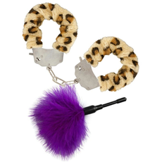 Эротический набор: леопардовые наручники и фиолетовая пуховка, фото 