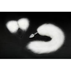 Серебристая анальная пробка с белым хвостиком и ободком-ушками, фото 
