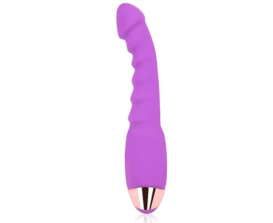 Фиолетовый изогнутый вибромассажер с ребристой поверхностью - 17,5 см., фото 