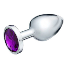 Серебристая металлическая анальная пробка с фиолетовым кристаллом - 9 см., фото 