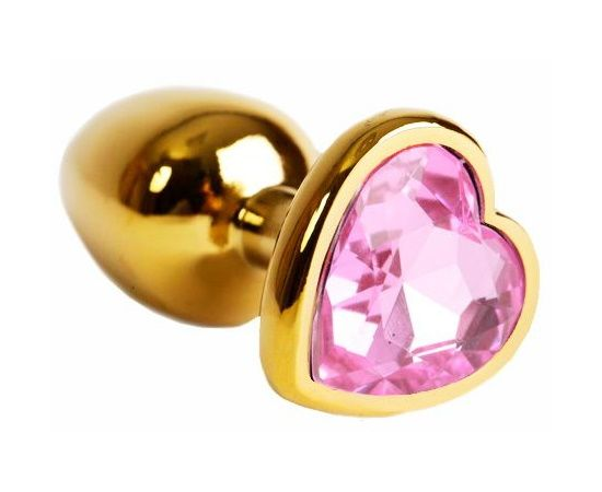 Золотистая анальная пробка с нежно-розовым кристаллом в форме сердца - 6 см., фото 
