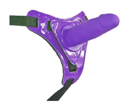 Фиолетовый страпон на лакированных трусиках - 12 см., фото 