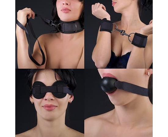 Чёрный комплект для БДСМ-игр: наручники, кляп-шарик, маска, ошейник, фото 