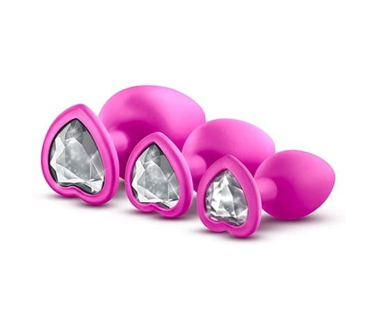 Набор анальных пробок с прозрачным кристаллом-сердечком Blush Novelties Bling Plugs Training Kit, Цвет: розовый, фото 