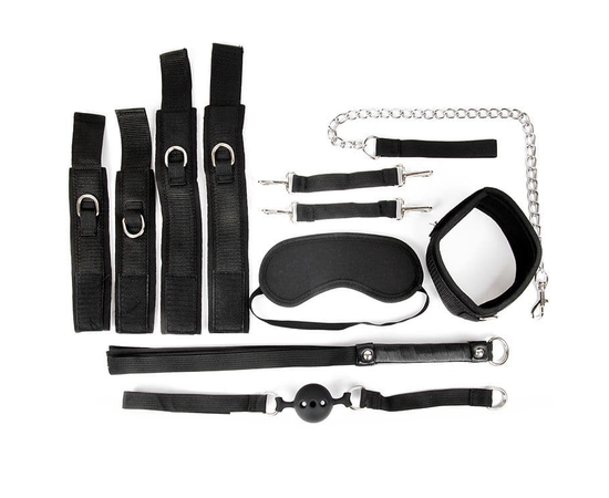 Черный текстильный набор БДСМ: наручники, оковы, ошейник с поводком, кляп, маска, плеть, Цвет: черный, фото 